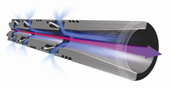 A rendering of airflow through a cylindrical valve body.